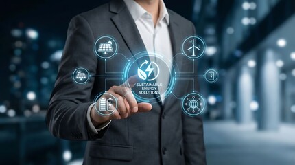 Businessman working on laptop with sustainable energy icons. Concept of ESG reporting, green energy, corporate responsibility, environmental protection, and carbon footprint reduction.
