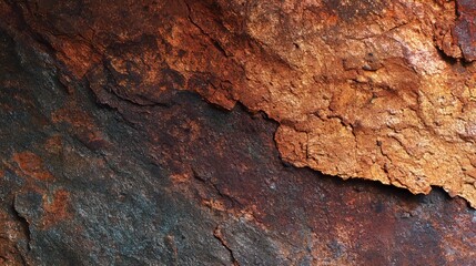 Close-up of layered rock surface, showing textures, color variations of reds, oranges, browns, and dark blues