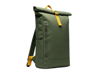 Isolated moss green backpack with a rolltop closure and yellow straps ready for your travels