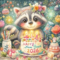 Cute raccoon celebrating New Year with a colorful cake.