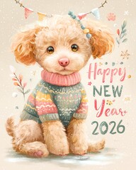 Cute dog in a festive sweater celebrating New Year 2026.