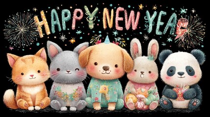 Adorable cartoon animals celebrating New Year with festive cheer.