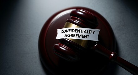 Gavel with Confidentiality Agreement label on dark textured surface judge hammer justice