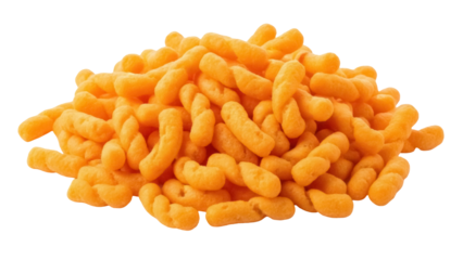 Isolated pile of crispy cheese curls, crunchy and cheesy snack, junk food, comfort food