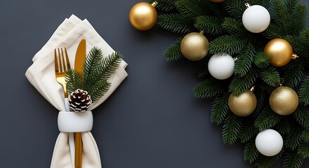 Gold cutlery on cream napkin with pine cone and fir branches and ornaments christmas holiday