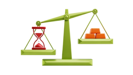 Isolated concept comparing time and money, hourglass vs. gold bars on a balance scale