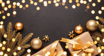 Golden Christmas Ornaments Gifts and Fir Branches on Dark Background bauble
