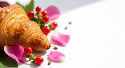 Golden Croissant with Red Berries and Pink Rose Petals on White pastry baked goods