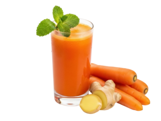 Isolated glass of fresh carrot juice garnished with mint and served with ginger and carrots