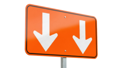 Isolated Orange road sign with two downward arrows providing direction toward lanes ahead