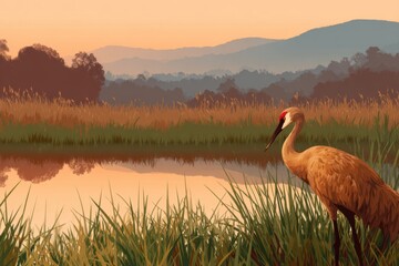Fototapeta premium Sunset Crane at the Pond: A majestic crane stands gracefully amidst tall grass, overlooking a serene pond reflecting the warm hues of the setting sun, with rolling hills in the distance.