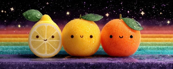 Cute citrus trio with smiling faces in a colorful rainbow backdrop and starry night