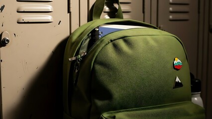 Green Backpack in Front of Lockers.