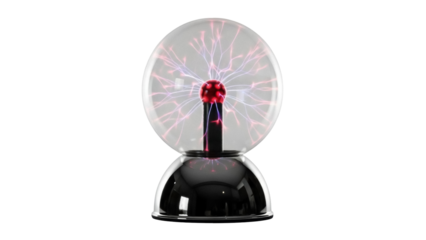 Isolated plasma ball with shiny base and lightning effect glowing from center sphere indoors