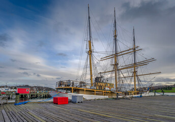 Three masted schooner in the Harbour of Lunenburg, Nova Scotia, Canada