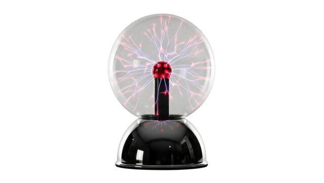 Isolated plasma ball with shiny base and lightning effect glowing from center sphere indoors