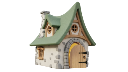Isolated whimsical fairy tale cottage, storybook house with fantasy architecture and front door