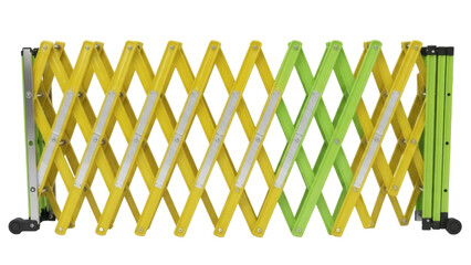 Isolated expandable safety barrier fencing gate, accordion-style barricade in yellow and green