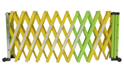 Isolated expandable safety barrier fencing gate, accordion-style barricade in yellow and green