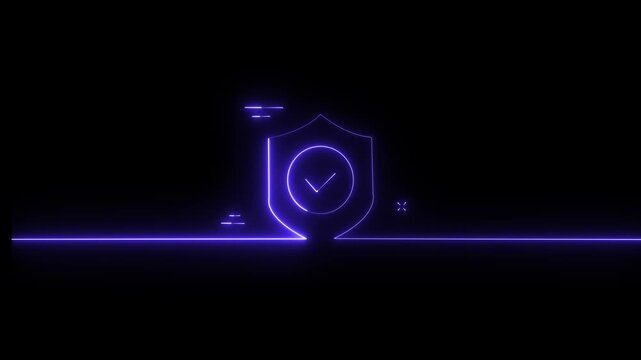 Glowing purple neon line animation dynamically draws a looping abstract shield with a prominent checkmark, symbolizing digital security, verification, and data protection on a sleek black background.