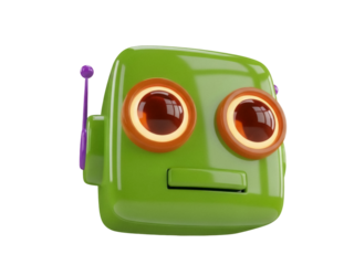 Isolated quirky green toy robot with orange eyes and purple antenna for sci-fi themes