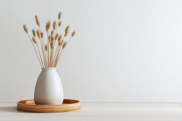 Minimalist White Vase with Dried Wheat on Wooden Tray Against Light Background