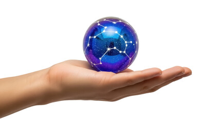 Isolated hand holding a celestial sphere with constellation patterns on a white backdrop