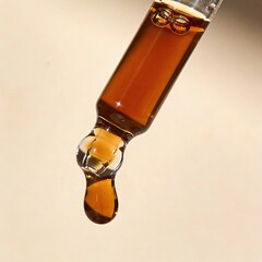 brown oil pouring out of a pipette, drops of oil	
