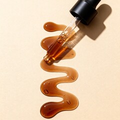 brown oil pouring out of a pipette, drops of oil	