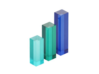 Isolated colorful translucent acrylic blocks, arranged as an ascending bar graph display