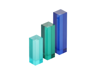 Isolated colorful translucent acrylic blocks, arranged as an ascending bar graph display