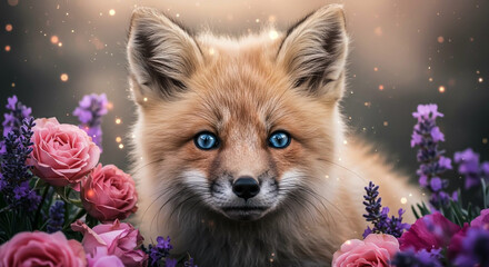 Fototapeta premium Charming fox with blue eyes among flowers.