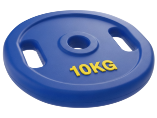 Isolated 10-kilogram blue rubber barbell weight for fitness training and exercising at home