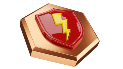 Isolated stylized golden badge showing a red crest with a yellow lightning bolt illustration