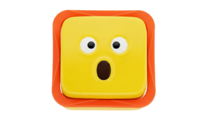 Isolated yellow cube surprise face, square shape, orange plastic, shock, fright, cartoonish