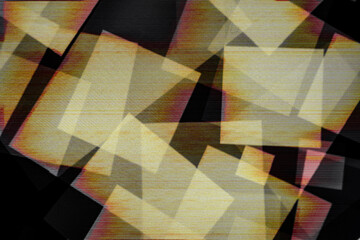 Random abstract squares in soft focus floating on a black background with line halftone effect