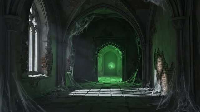 Gothic castle corridor, spooky dark abandoned Halloween background.