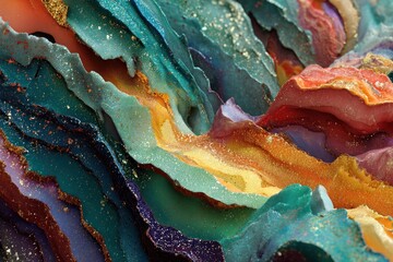 Vibrant abstract colorful paint layers with gold sparkles and textured wavy patterns background design