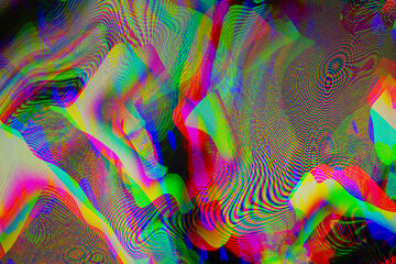 A distorted screen display with rgb glitch chromatic aberation waveform pattern abstract background in multicolor