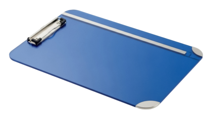 Isolated blue clipboard with silver details used to hold paper for convenience and organization