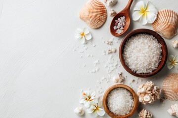 Relaxing Spa Essentials with Seashells, Flowers, and Himalayan Salt Crystals on White Background