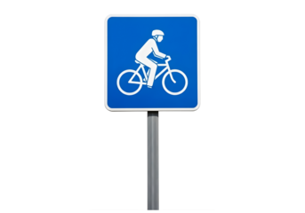 Blue square road sign indicating a bicycle path or lane isolated on transparent background