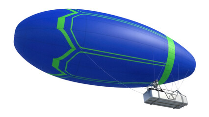 Isolated dirigible airship with green accents, transportation concept, aviation technology