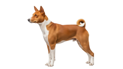 Isolated portrait of Basenji dog standing looking left outdoors in daytime, canine friend pet
