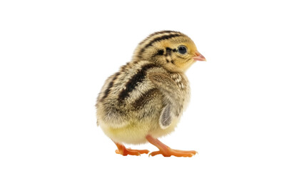 Isolated quail chick in studio light looking at the camera, brown and yellow feathers, cute bird