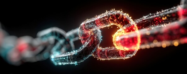 Blue digital chain with red link symbolizing security connection in cybersecurity
