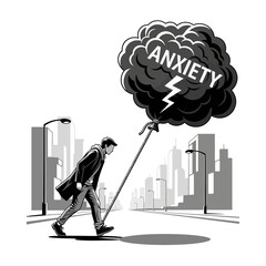 Living with Anxiety: Depressed Person Dragging Heavy Dark Cloud in City