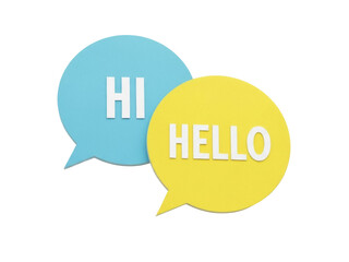 Isolated Blue and Yellow Greeting Speech Bubbles with Hi and Hello Greetings in White Letters