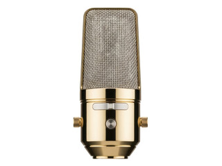 Isolated gold-finish condenser microphone with metal mesh, broadcast quality for vocals audio