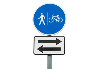 Blue square road sign indicating a bicycle path or lane isolated on transparent background